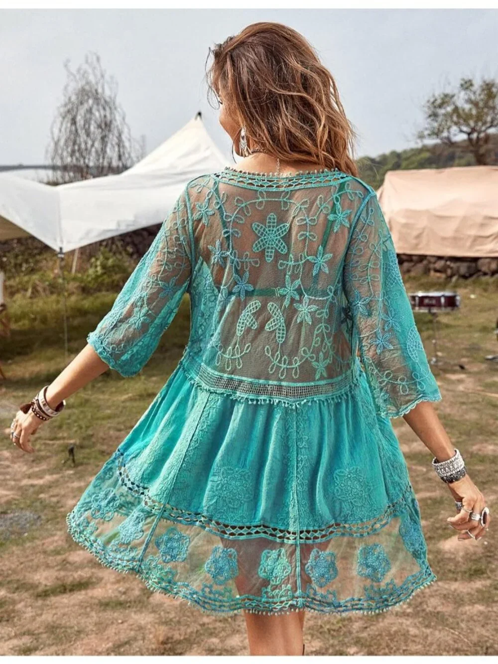 Women's Light Blue Rayon V-Neck Coverup Mesh Lace Bathing Suit Swimsuit Coverup